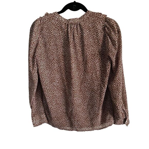 J. Crew Factory SZ XS Brown and White Ruffle Button Up Blouse Preppy Careerwear - Picture 2 of 7